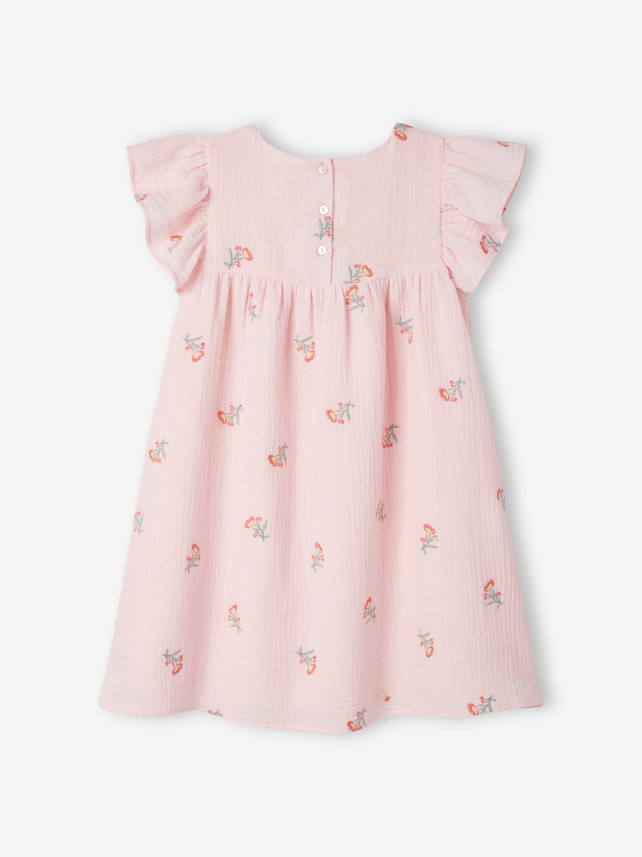 Vertbaudet Mädchen Kleid mit Stickereien, Musselin - rosa