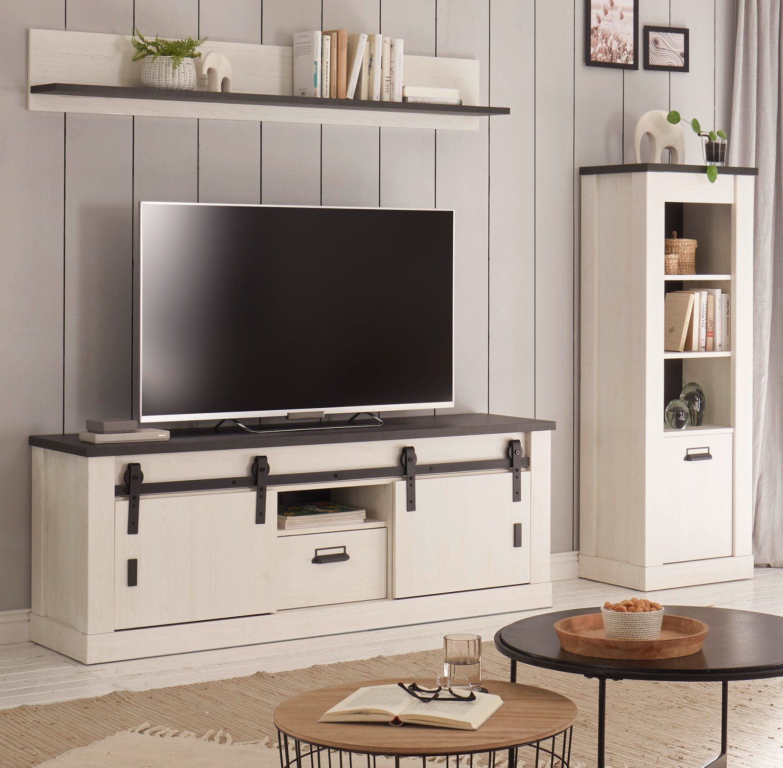Furn.Design Aktenregal Stove, Regalschrank in Pinie weiß Landhaus 51 x 146 cm, Soft-Close