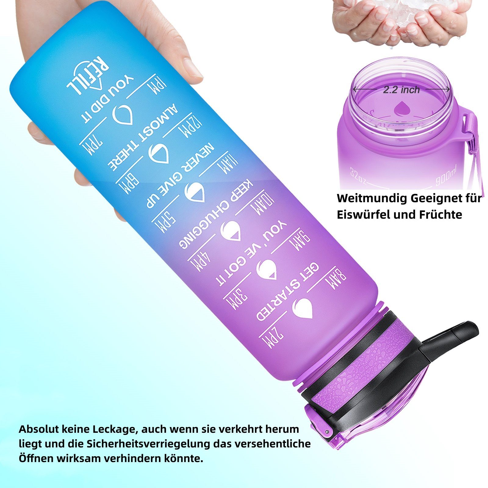 REDOM Trinkflasche Sport Wasserflasche Auslaufsicher Sportflasche 1 Liter BPA-Frei 1L, Zeitmarkierung und Strohhalm Fitness Outdoor Camping Fahrrad Wandern