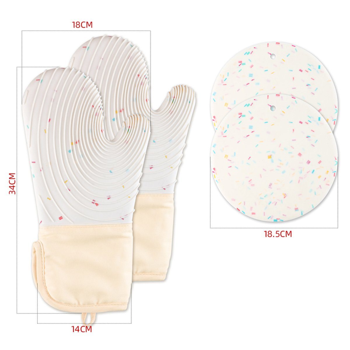 HYIEAR Topfhandschuhe Ofenhandschuhe, hitzebeständiges Backhandschuhe mit 2 Topflappen, (4-tlg), Hitzebeständigkeit, Anti-Rutsch-Spiralstruktur
