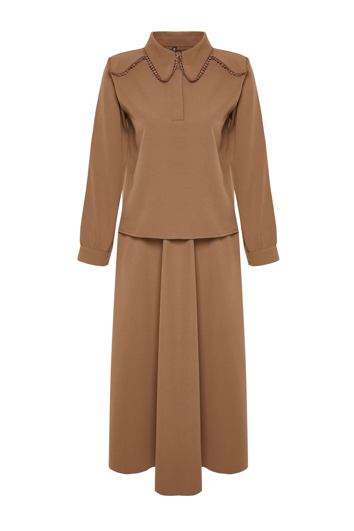 Trendyol Modest  Braunes Baby-Set aus gewebtem Ober- und Unterteil aus Rock und Tunika mit Kragen TCTSS24US00064