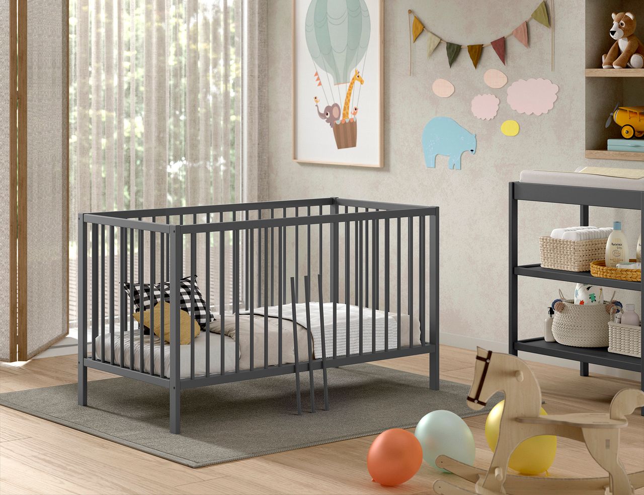 VIPACK Vipack - DINO Baby-/Juniorbett 70 x 140 cm, höhenverst. Lattenrost, Buche massiv anthrazit lackiert