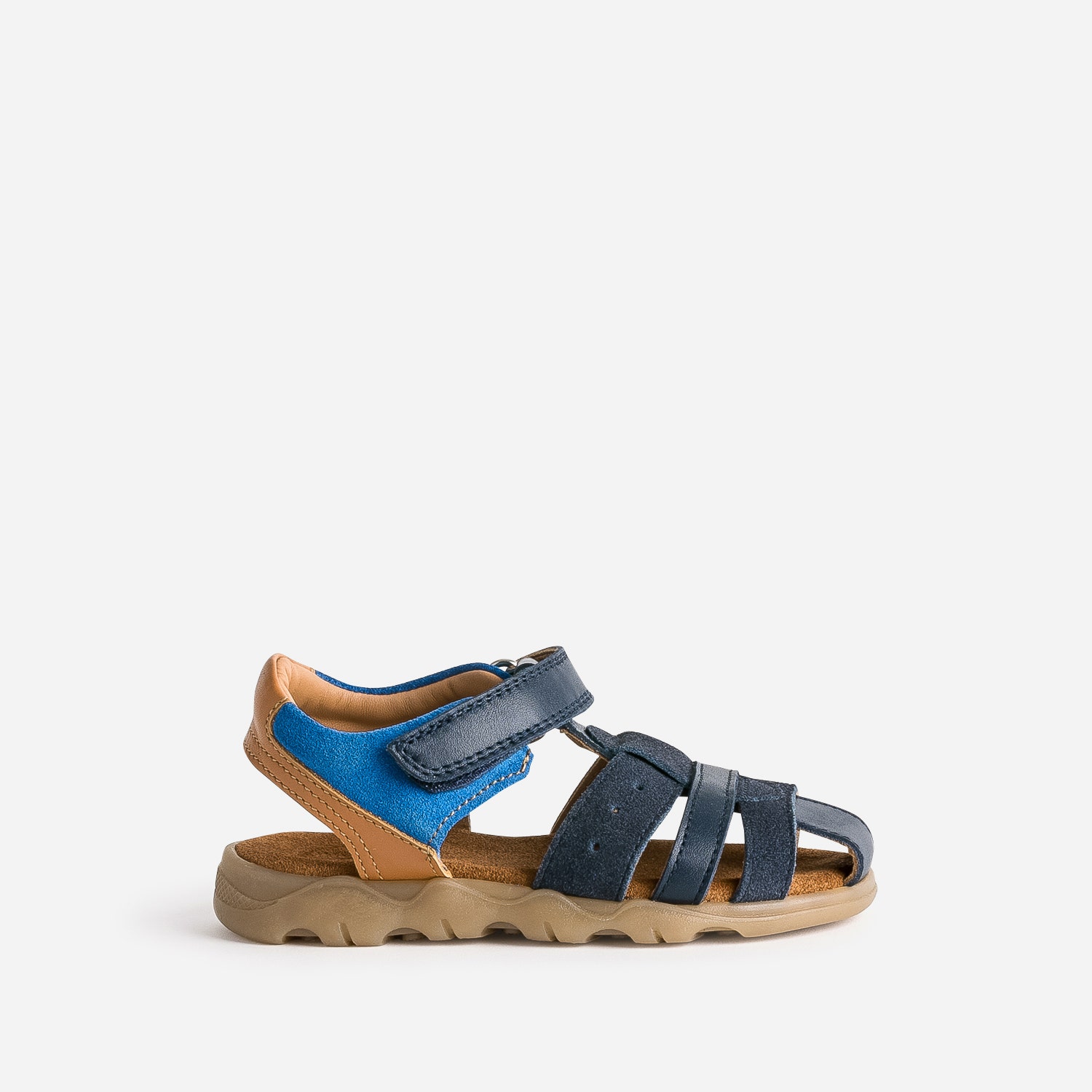 Sandale BUGGY marine, bleue, camel cuir velours