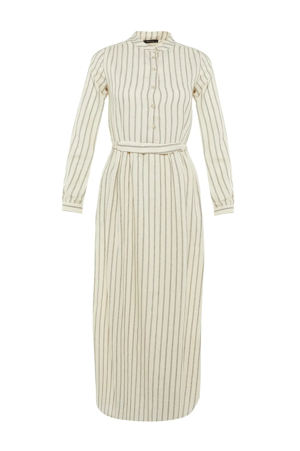 Trendyol Modest  Ecrufarbenes, gewebtes Kleid mit Streifendetail und Taillengürtel TCTSS22EB0229