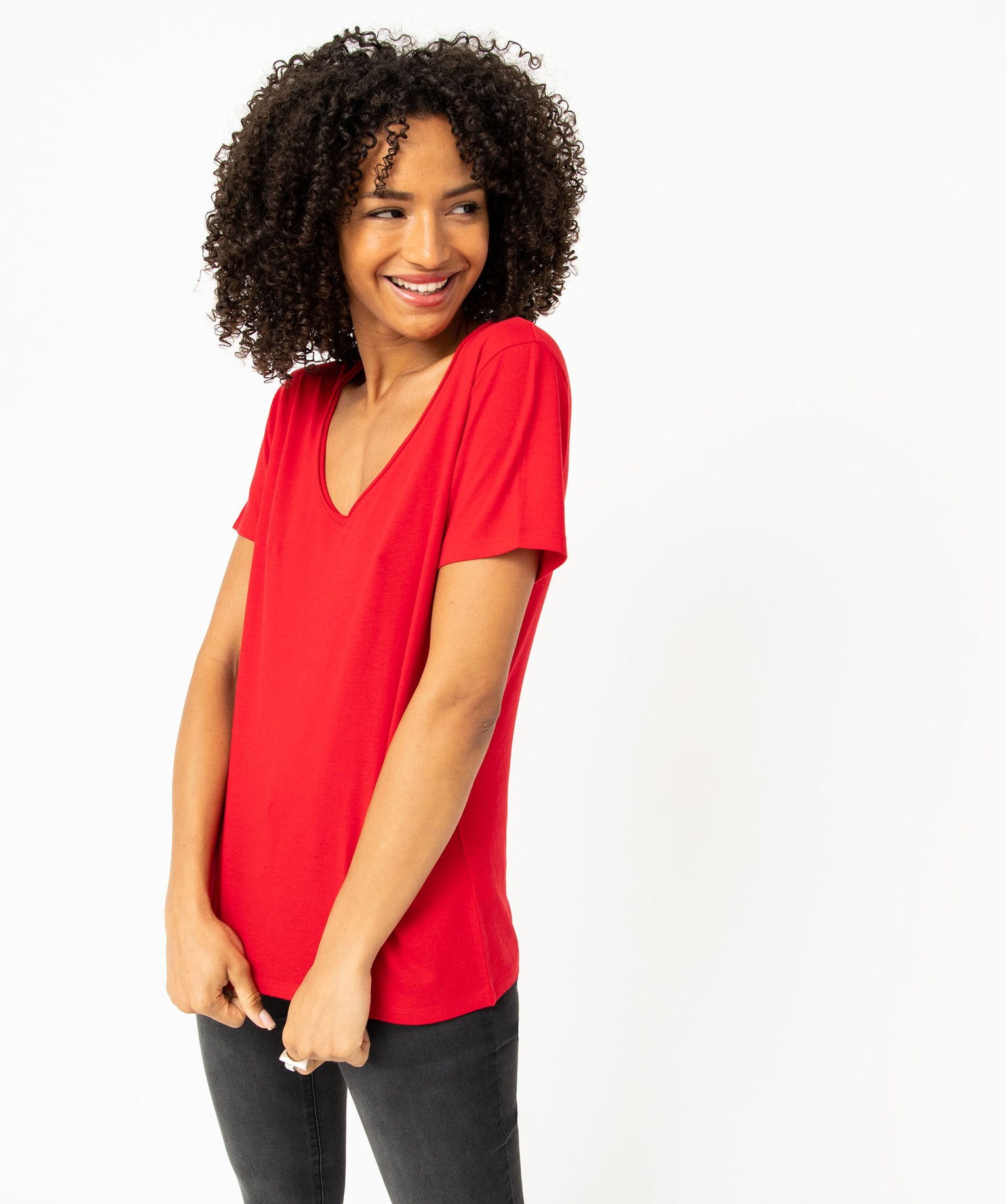 Tee-shirt femme à manches courtes avec col V roulotté rouge | GEMO