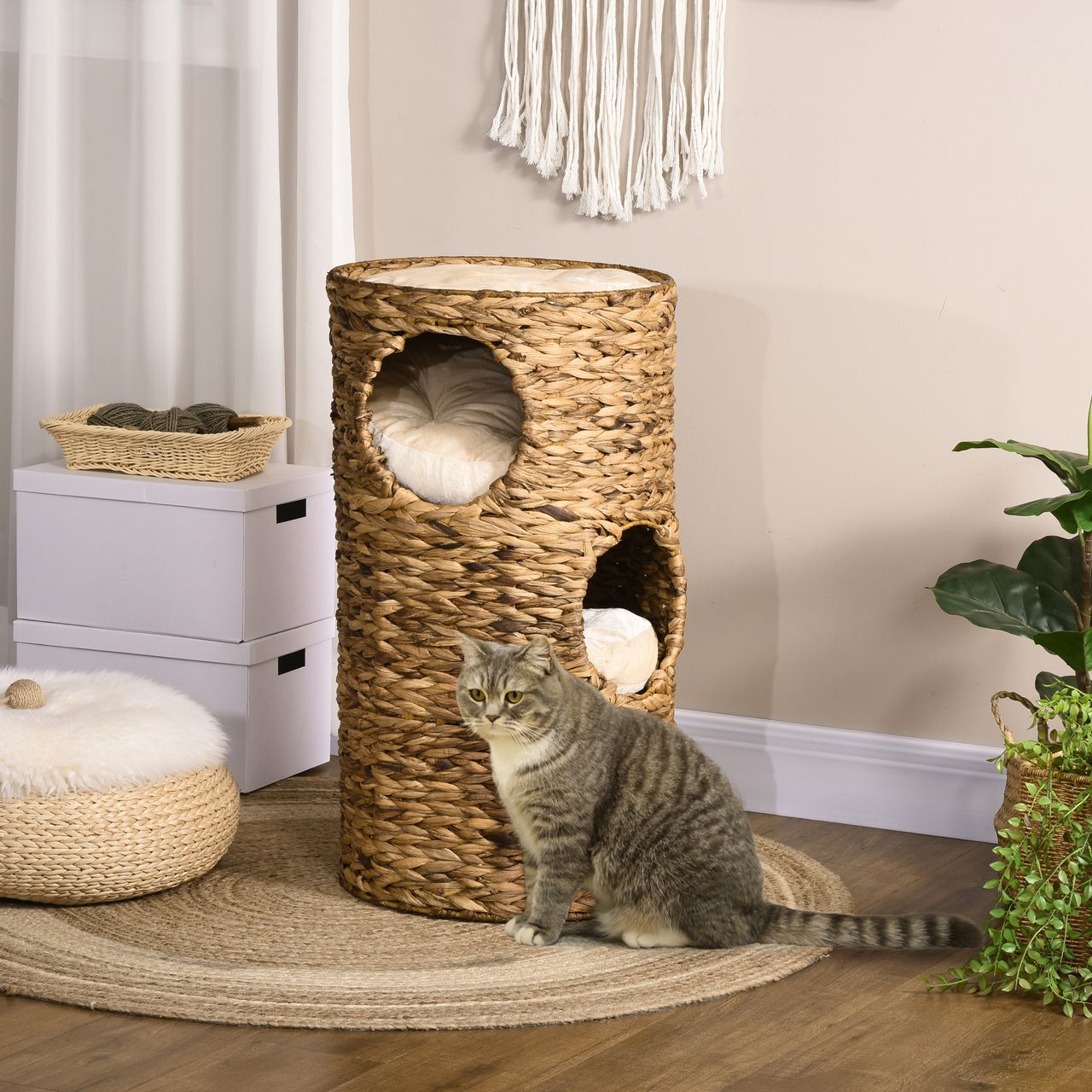 PawHut Kratztonne Höhe 73 cm Katzenturm mit 3 Ebenen, Katzenkratzbaum mit Kissen