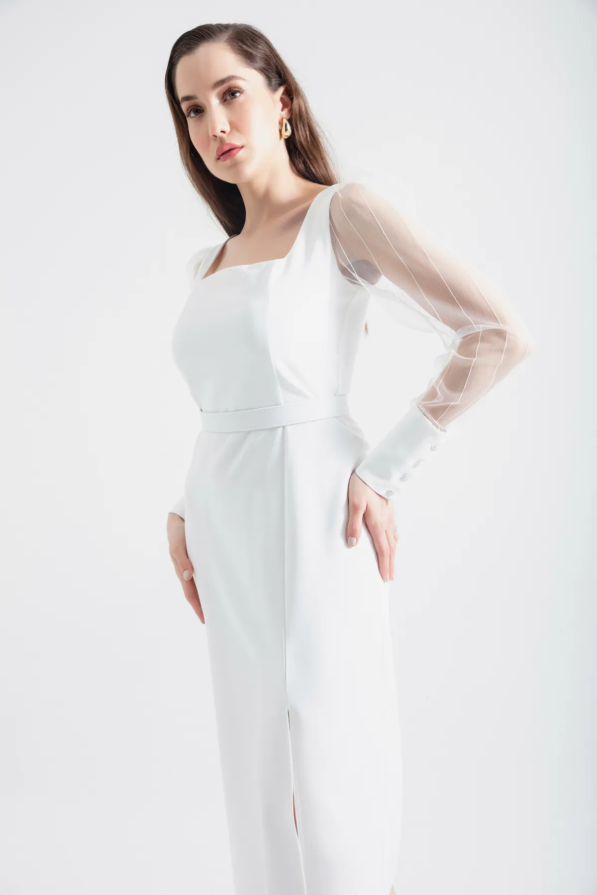 Lafaba  Weißes Midikleid für Damen mit eckigem Kragen und Schlitz