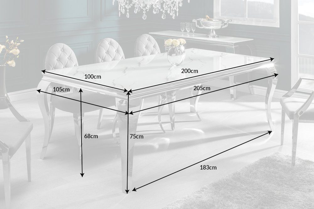 riess-ambiente Esstisch MODERN BAROCK 200cm grau / weiß, Esszimmer · Glas · Edelstahl · Marmor-Optik · Design