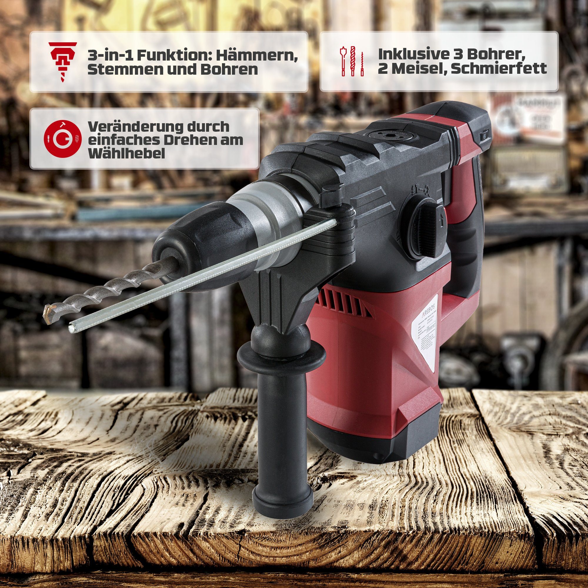 Arebos Bohrhammer Schlagbohrer 3-in-1 1500 W, 230 V, max. 4300,00 U/min, Produktabmessungen : 39.5 x 34 x 25.8 cm, 1500 Watt