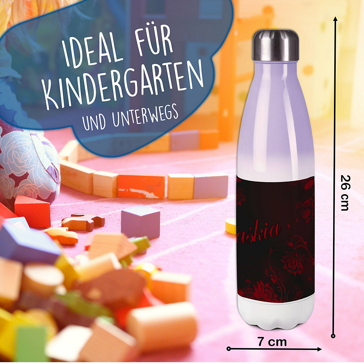 Edelstahl Kinder Thermoflasche / Trinkflasche bunt Blumenranke Farbe schwarz rot Spülmaschinenfest, Auslaufsicher, Bruchfest, Doppelwandig, Für Heißgetränke geeignet, Mit Deckel, Isoliert