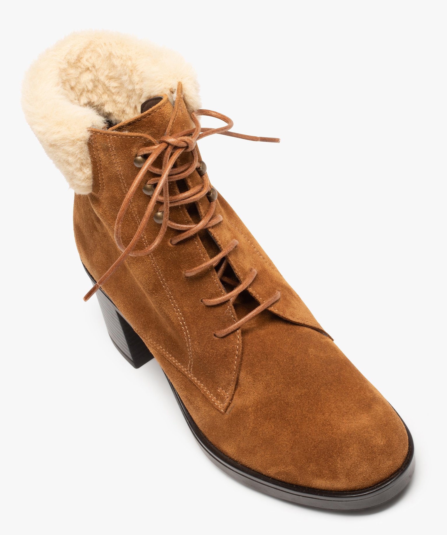 Bottines femme dessus cuir retourné col fourré – Tanéo camel | GEMO
