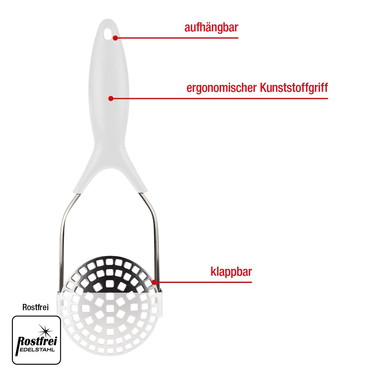 EUROHOME Kartoffelstampfer Kartoffelpresse mit ergonomischem Kunststoffgriff, Edelstahl, Kartoffelstampfer Weiß - Ausklappbar Edelstahl