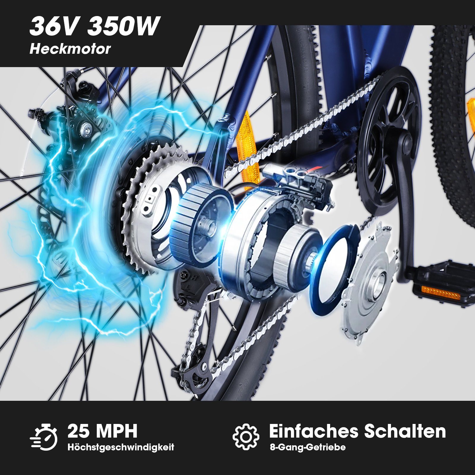 CARPAT SPORT E-Bike 27,5 Zoll Elektrofahrrad Pedelec E-Citybike Herren Damen, 36V 10,6Ah, 8 Gang, Kettenschaltung, Heckmotor, (E-Mountainbike mit akku-ladegerat, mit werkzeug), Alu-Rahmen, E-bike Faltrad Cityrad