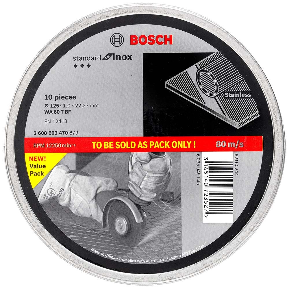 Disco de corte BOSCH 125 x 1,0 mm para aço e aço inoxidável – PADRÃO para aço inoxidável – 10 unidades 2608603470