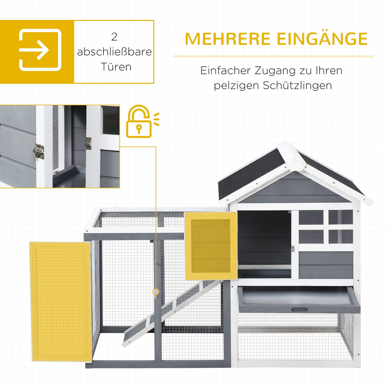 PawHut Kaninchenstall Tannenholz Outdoor Indoor Kleintierstall Kleintierhaus Kleintierkäfig Herausnehmbare Bodenwanne und Rampe Grau Schwarz Weiß 122 x 62,6 x 92 cm