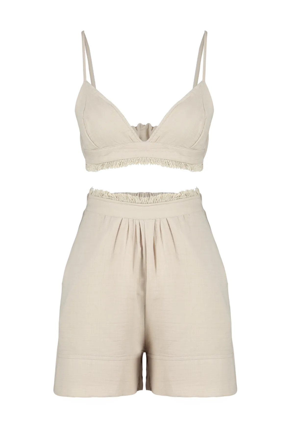 Trendyol Collection  Hochwertiges, beiges Pyjama-Set aus gewebtem Musselin aus 100 % Baumwolle mit Rüschendetails und Seilträgern THMSS24PT00076