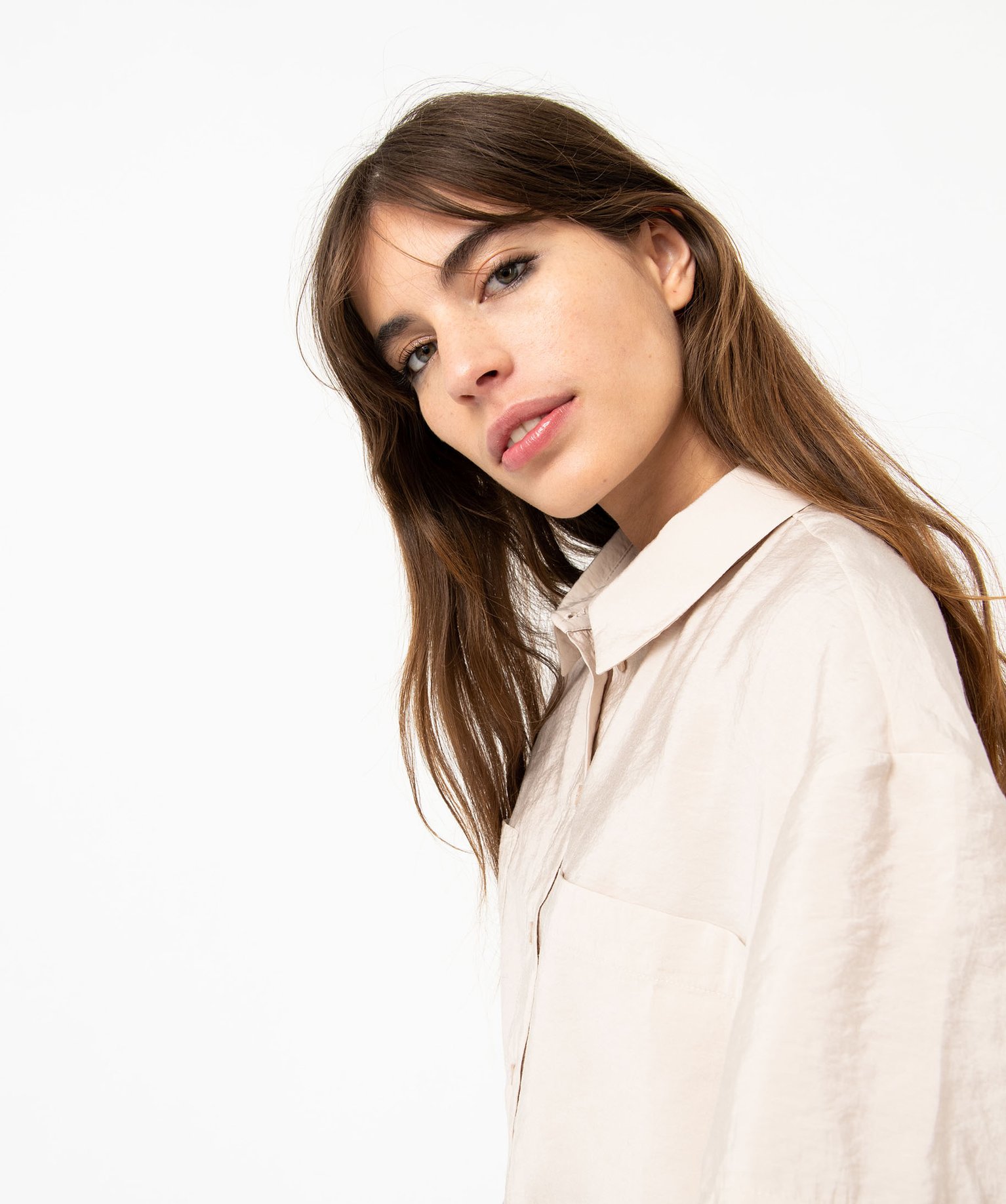 Chemise ample et courte à manches courtes en modal femme beige | GEMO