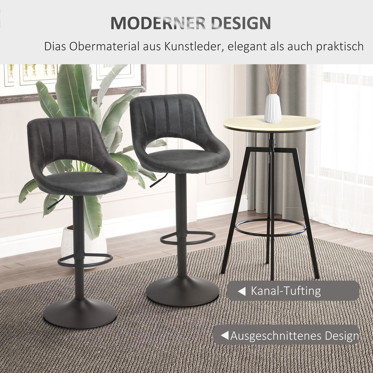 HOMCOM Barhocker-Set, 2 Hocker, Küchenhocker, Lederoptik, drehbar mit Fußstütze