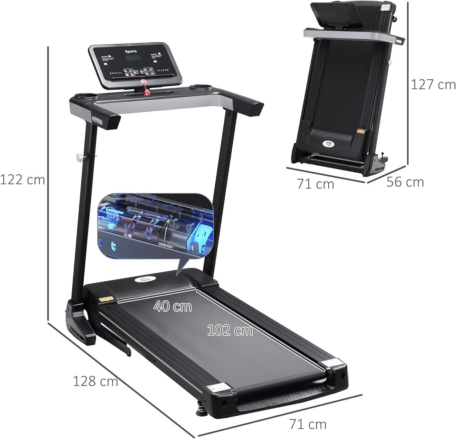 HOMCOM Laufband (Motorisiertes Laufband Fitnessgeräte Klappbar Heimtrainer), mit 12 Programmen und Handyhalterung Belastbarkeit bis 100 kg Stahl+PP