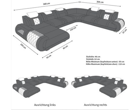 Sofa Dreams Wohnlandschaft Sofa Ledercouch Leder Rimini XXL U Form Ledersofa, Couch, mit LED, wahlweise mit Bettfunktion als Schlafsofa, Designersofa