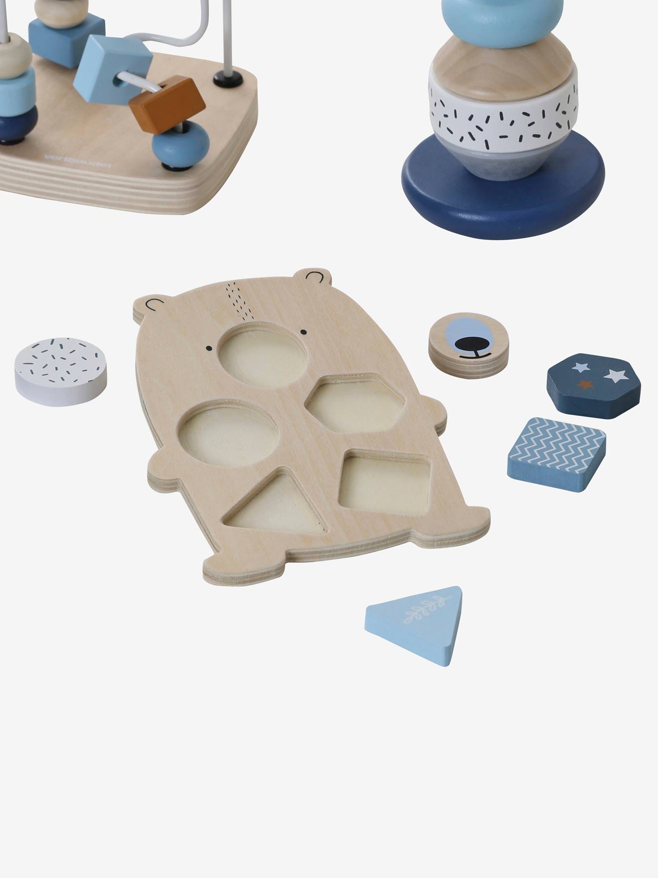 Vertbaudet 3-teiliges Baby Spielzeug-Set, Motorikspiele FSC - natur/blau