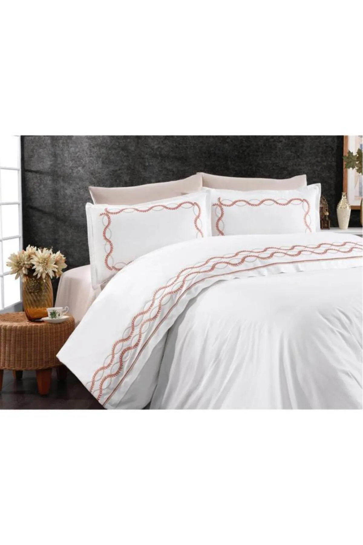Çeyiz Diyarı  Başak Besticktes Bettwäscheset für Doppelbett, 100 % Baumwolle, Zimt