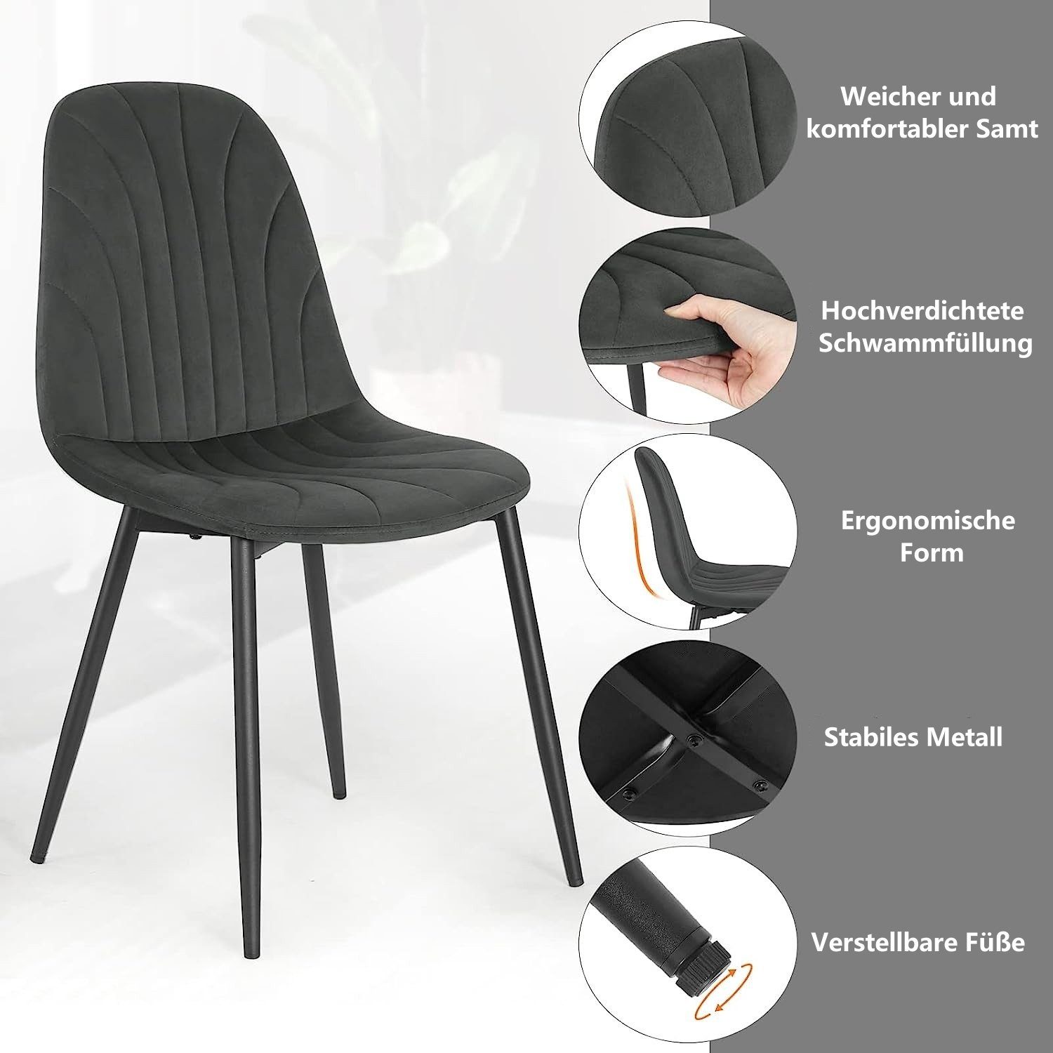 EUGAD Esszimmerstuhl (Set, 2 St), ergonomischer Polsterstuhl mit Samtbezug