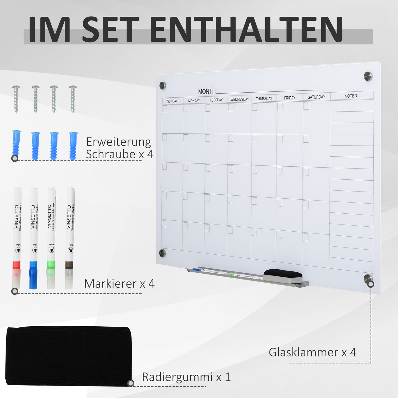 Vinsetto Kalendertafel Glasplatte mit 4 Glasclip Planungstafel Weiß