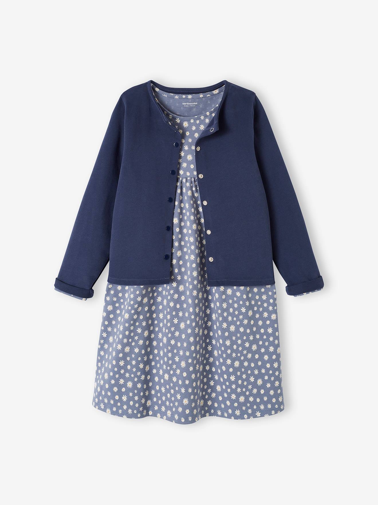 Ensemble fille cardigan et robe imprimée fleurs encre imprimé