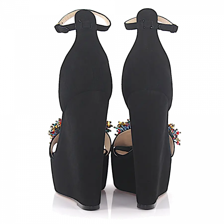 Elie Saab - Plateausandalen Veloursleder Wildleder Kristallverzierung schwarz - schwarz