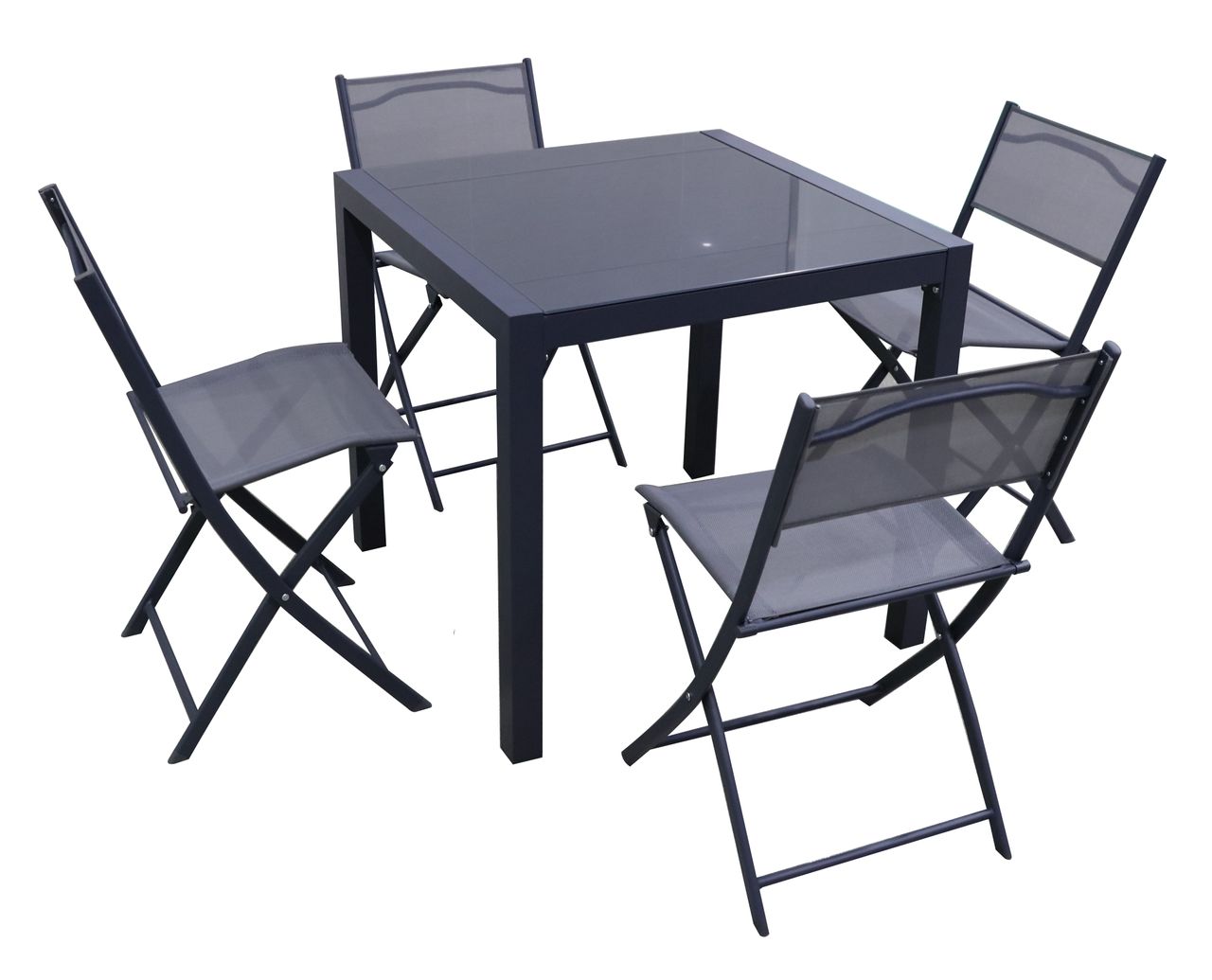 HC Garten & Freizeit Glastischset Bistroset Balkonset aus Aluminium mit 4 Stühlen & 1 Glastisch, 5-teilig