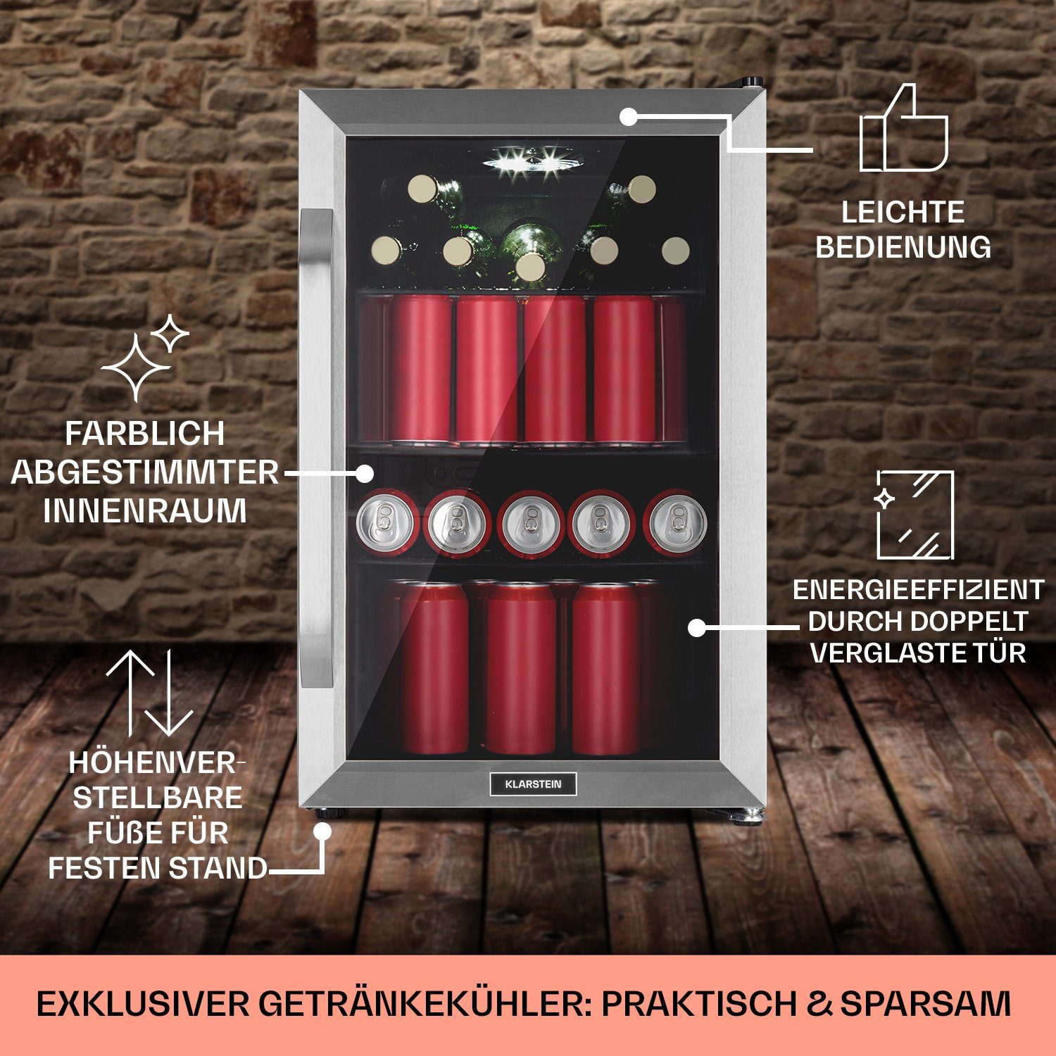 Klarstein Getränkekühlschrank HEA13-Birra -SS 10041177, 67 cm hoch, 43 cm breit, Bierkühlschrank Getränkekühlschrank Flaschenkühlschrank mit Glastür