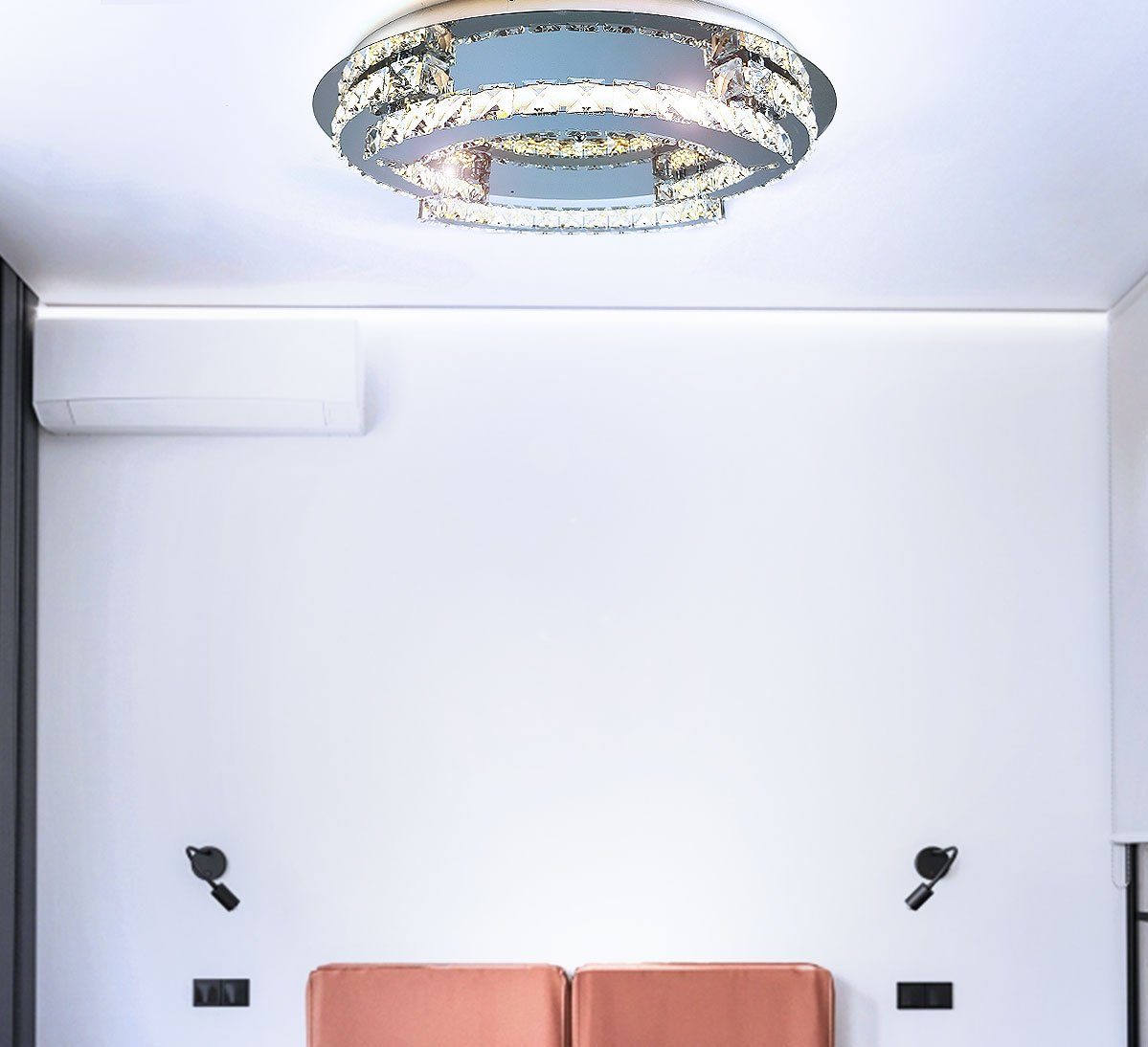 Lewima LED Deckenleuchte Schost, Glas Kristall Luxus XXXL Ø60-80cm groß Deckenlampe 50-55W, Modern Design Dimmbar rund, Warmweiß / Kaltweiß einstellbar, Silber verspiegelt inkl. Fernbedienung und Speicherfunktion