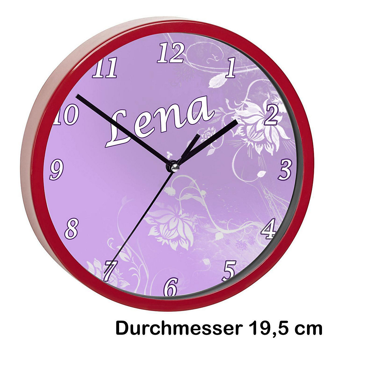 Kinder Wanduhr laufruhig personalisiert mit Name Blumenranke Lila