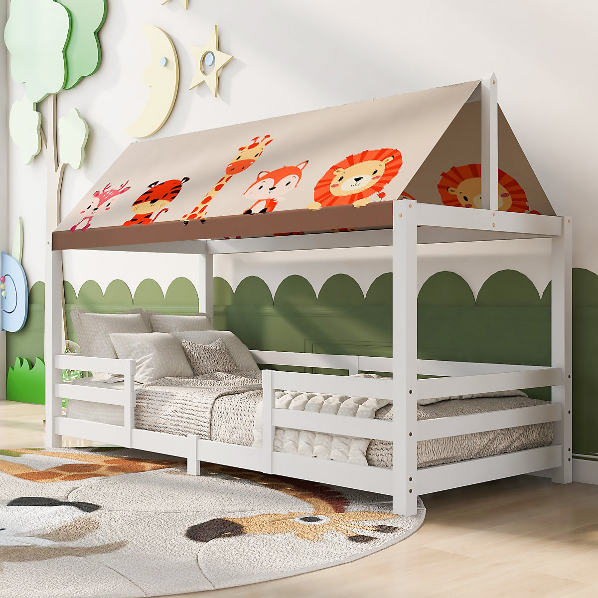 Hausbett 90x200 cm mit Stoffzeltaufsatz und Rausfallschutz