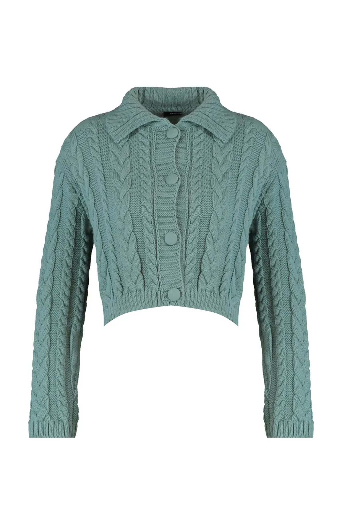 Trendyol Collection  Mintgrüner, kurz geschnittener Strick-Cardigan mit Polokragen und Knopfdetail