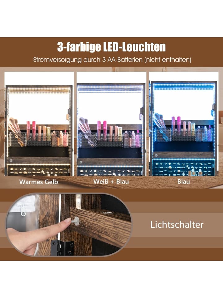 COSTWAY Schmuckschrank LED mit Rollen 159cm in Hellbraun günstig kaufen onesize