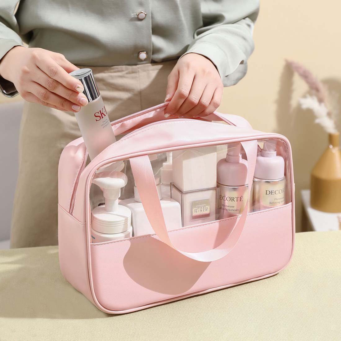 FIDDY Aufbewahrungstasche Transparente Kosmetik-Kulturtasche für Damen,Kulturbeutel (Aufbewahrungstasche und tragbarem Reisetaschen-Set mit großem Fassungsvermögen, 3-tlg)