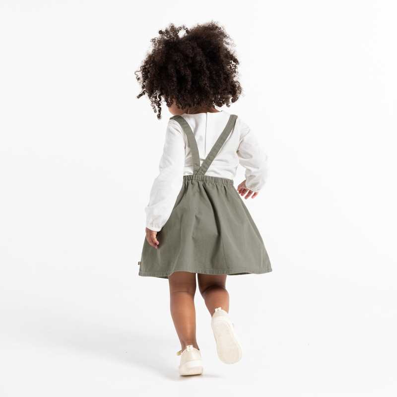 Robe à bretelles en twill et t-shirt oiseau verte bébé fille