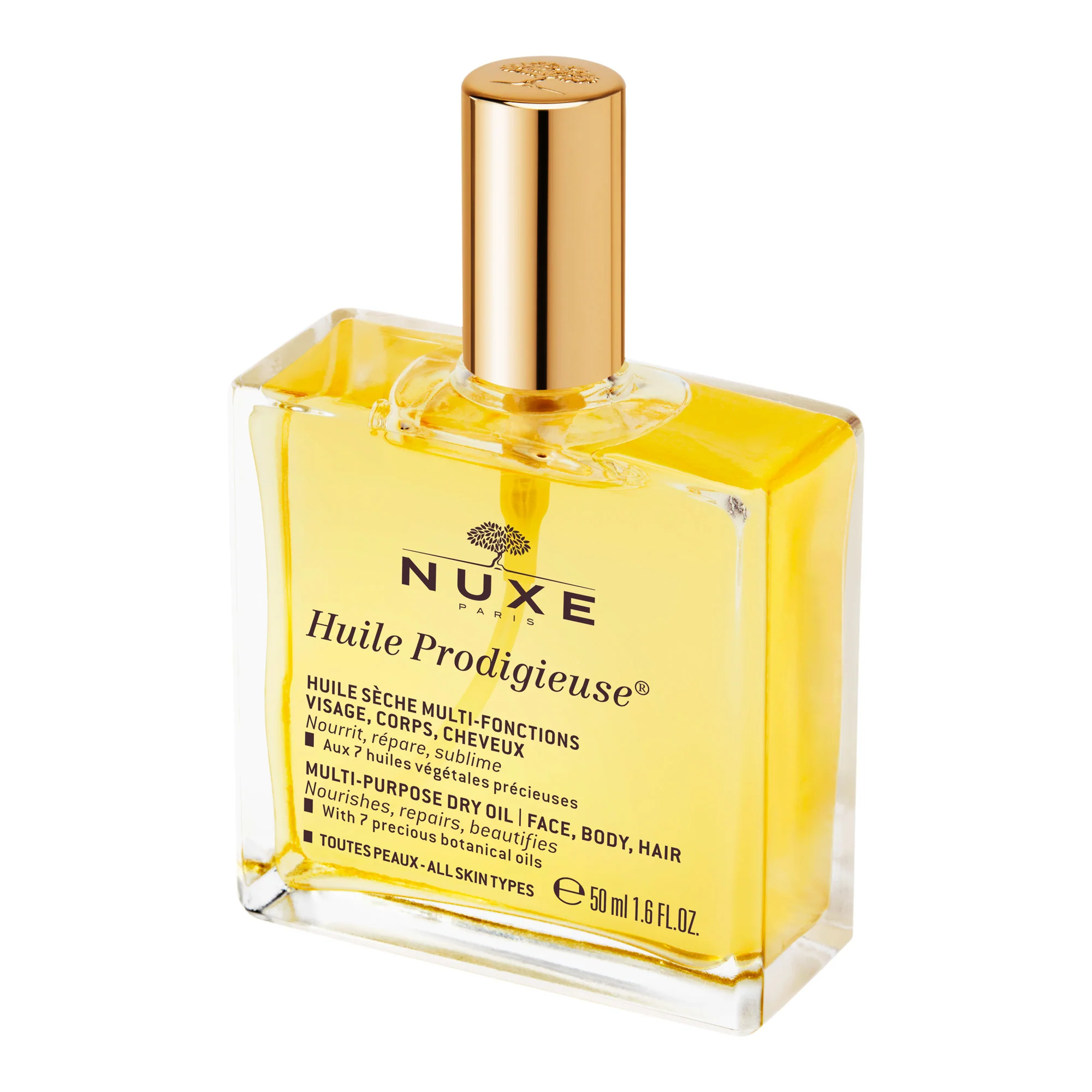 Aceite seco Huile Prodigieuse: aceite nutritivo para rostro, cuerpo y cabello, y aceite reafirmante antiestrías.