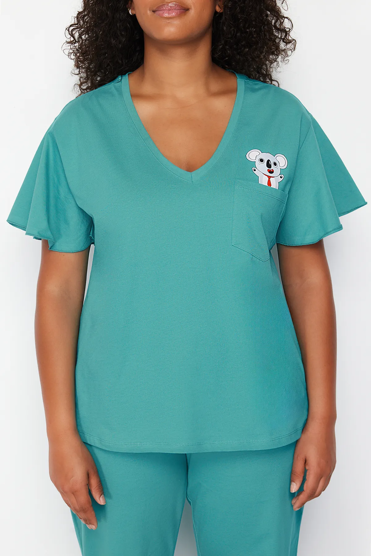 Trendyol Curve  Petrolfarbenes Pyjama-Set aus Strick mit Koala-Aufdruck TBBSS24AI00030