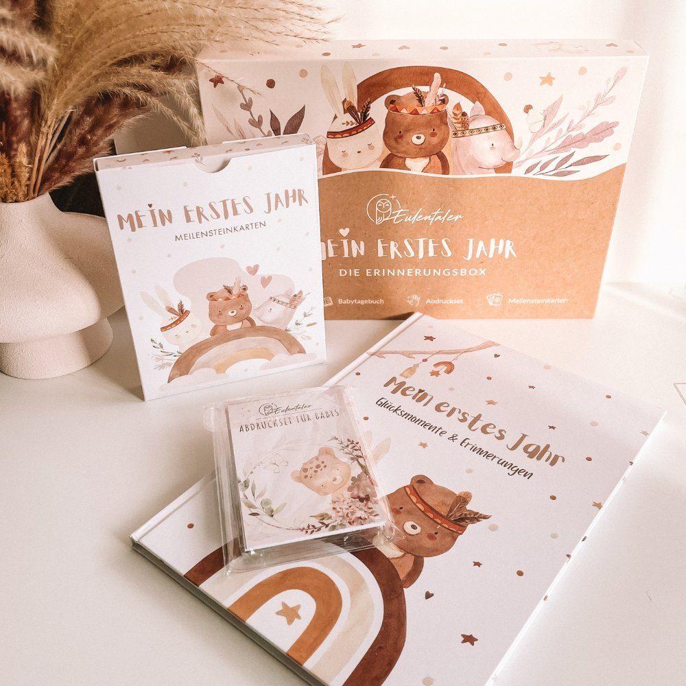 Eulentaler Tagebuch I Die Erinnerungsbox I Mein erstes Jahr I Von Pädagogen gestaltet, I Babytagebuch, 48 Meilensteinkarten & Abdruckset