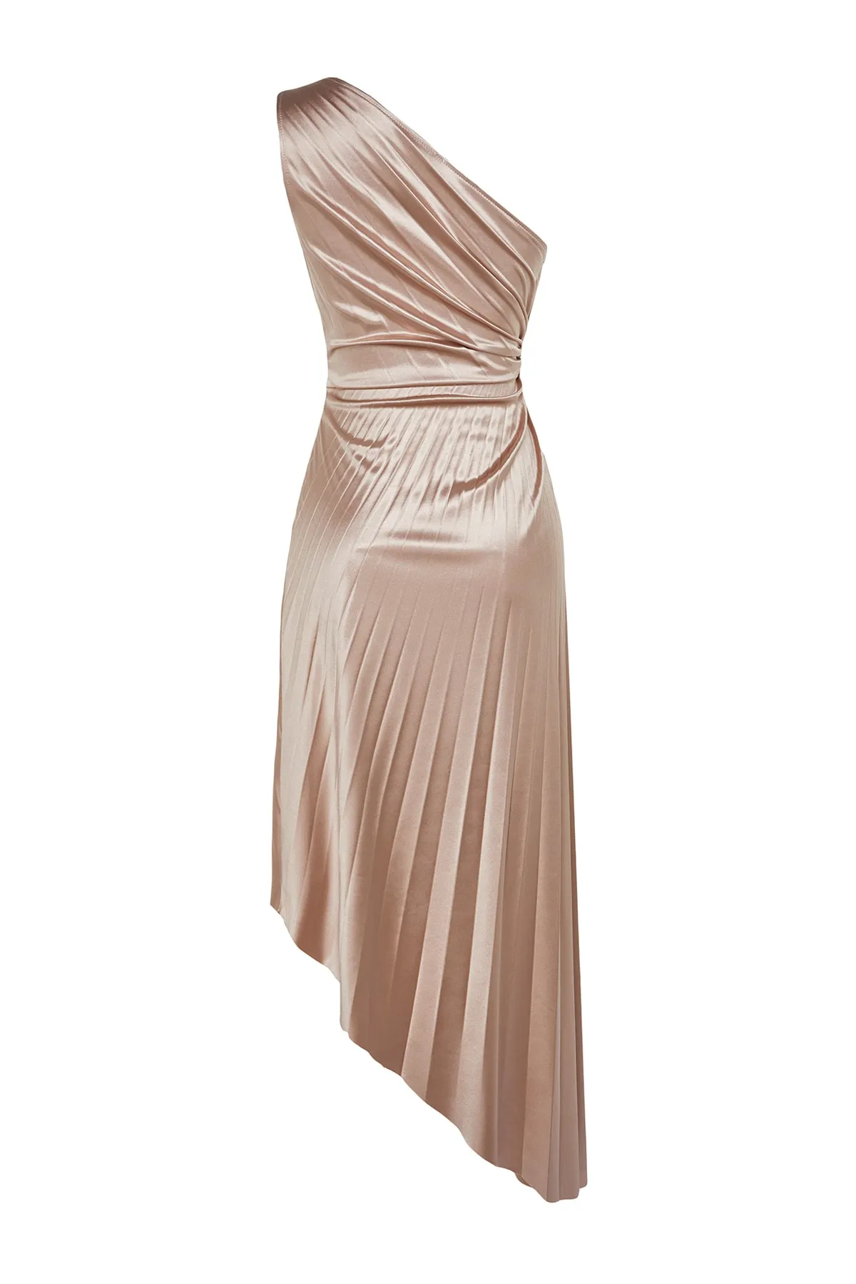 Trendyol Collection  Beigefarbenes asymmetrisches Strick-Abendkleid aus Satin mit Faltendetails Abendkleid/TPRSS23EL00557