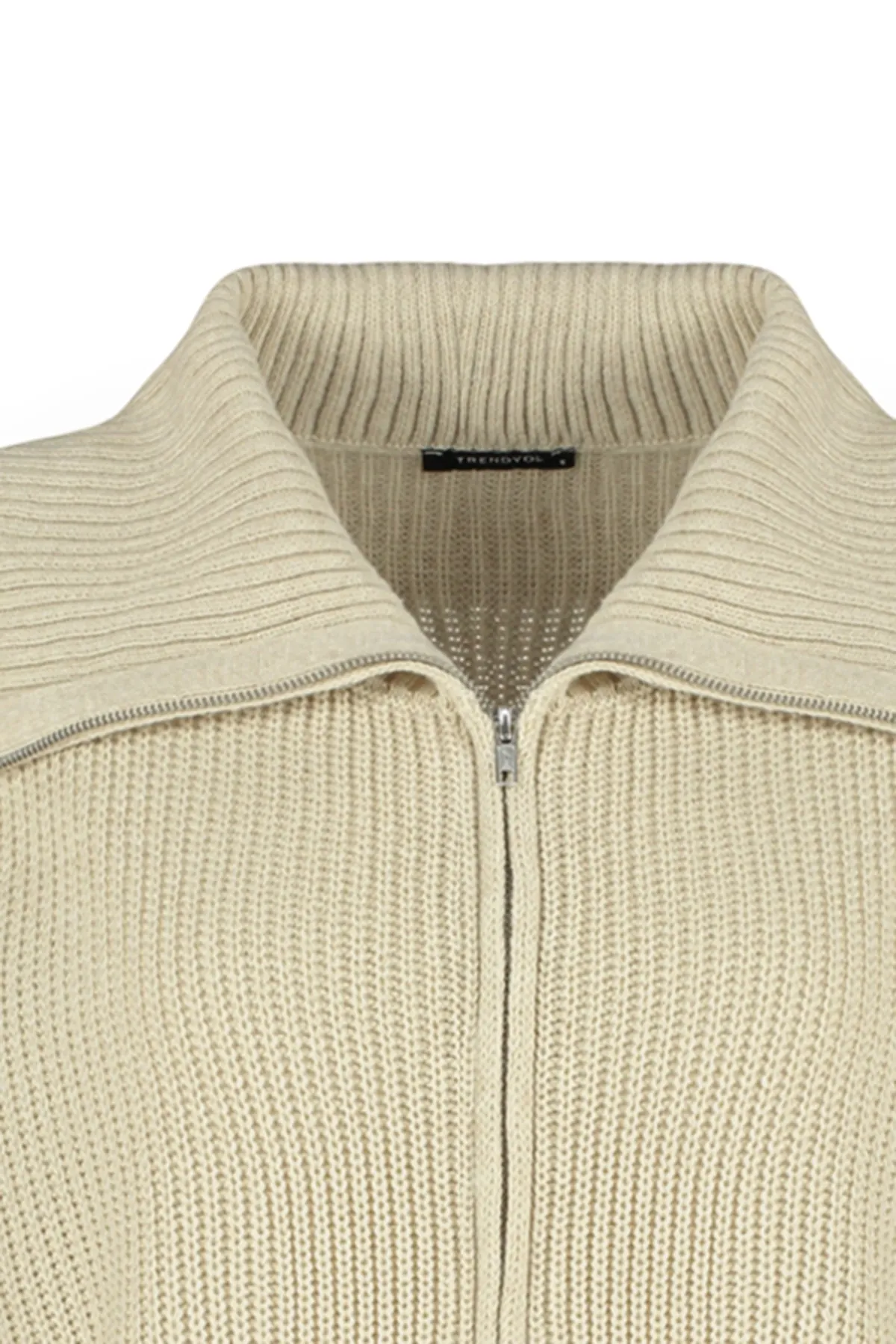 Trendyol Collection  Steinfarbener Strick-Cardigan mit Degaje-Kragen und Reißverschluss TWOAW24HI00072