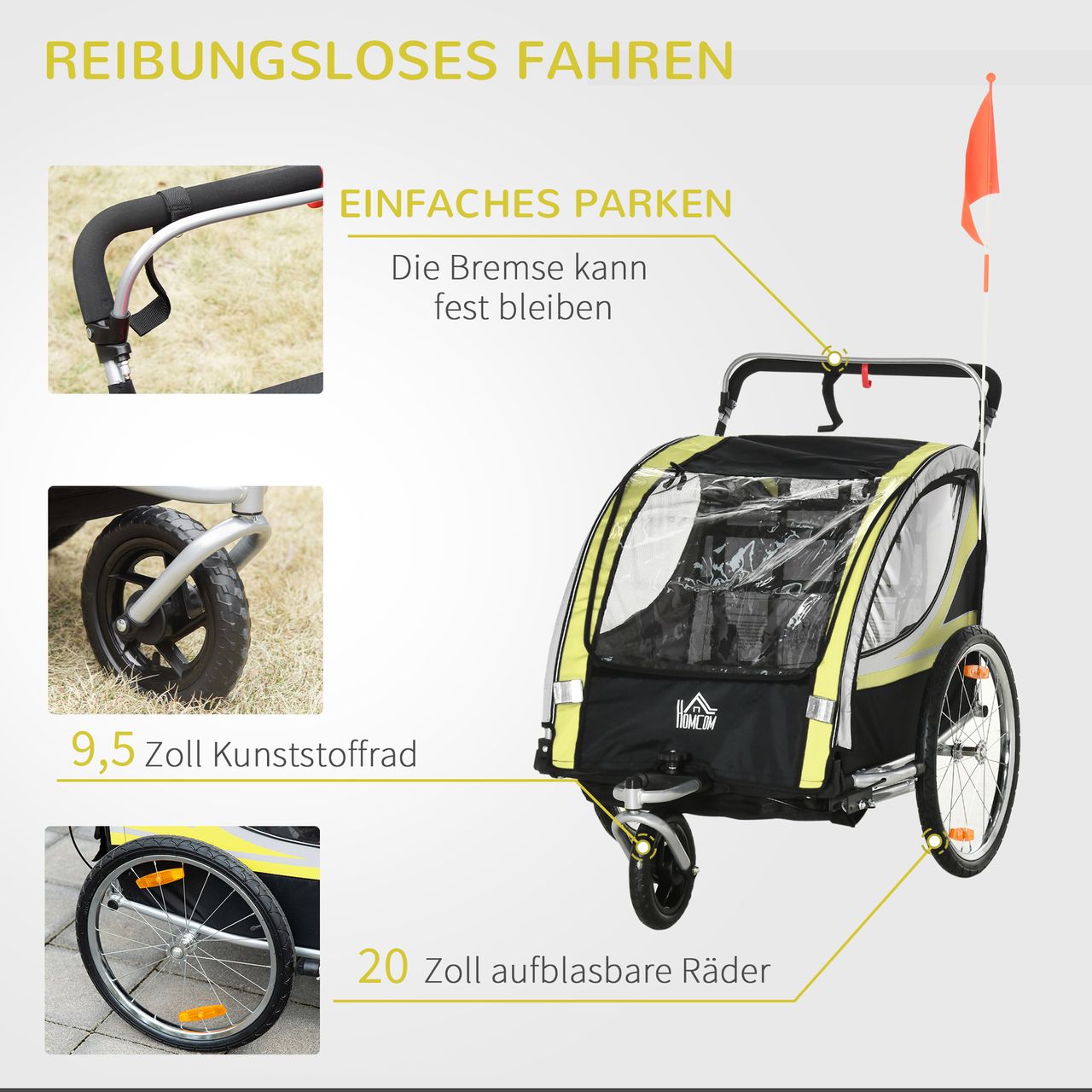 HOMCOM 2 in 1 Kinderanhänger, Fahrradanhänger mit 5-Punkt Sicherheitsgurt, Gelb