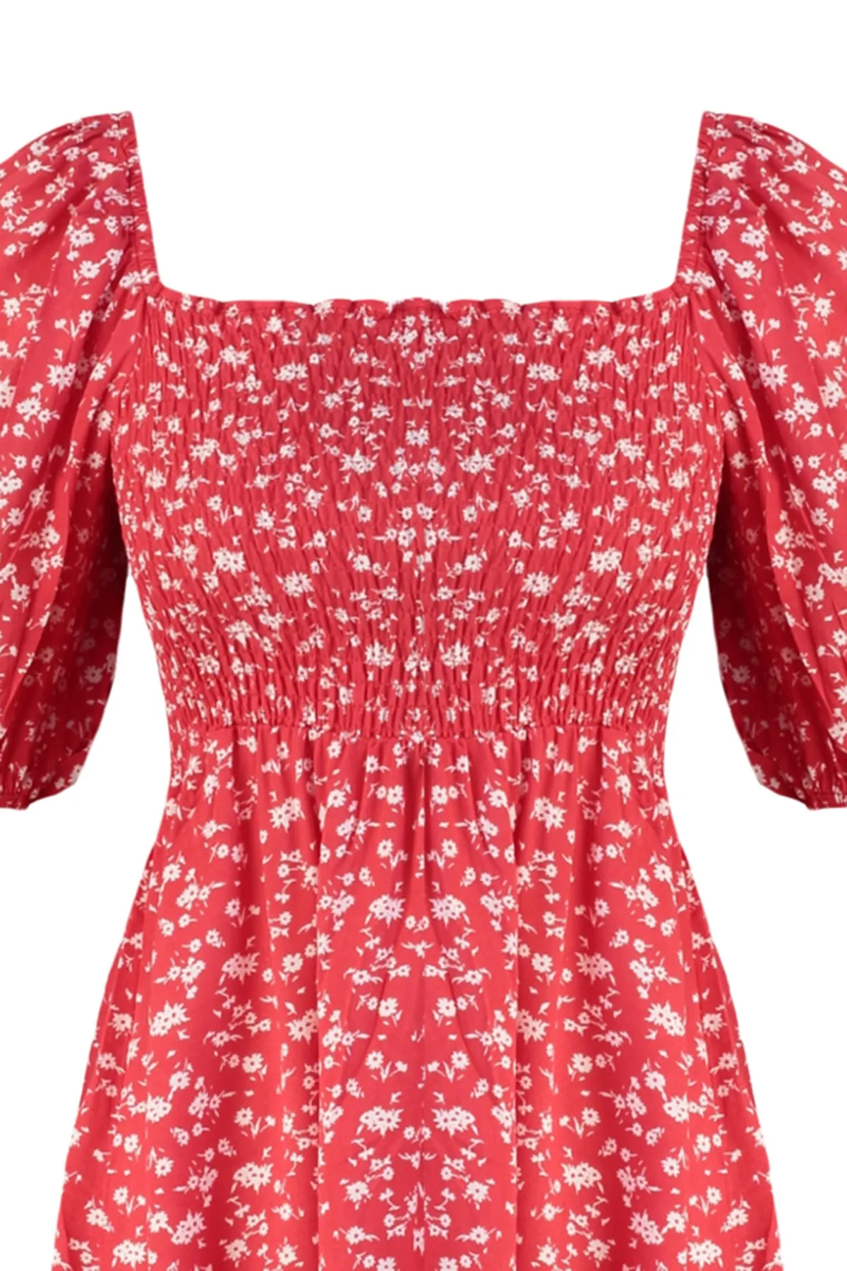 Trendyol Collection  Rotes Gimped-Minikleid aus Viskose mit floraler Taille und Öffnung TWOSS22EL0370