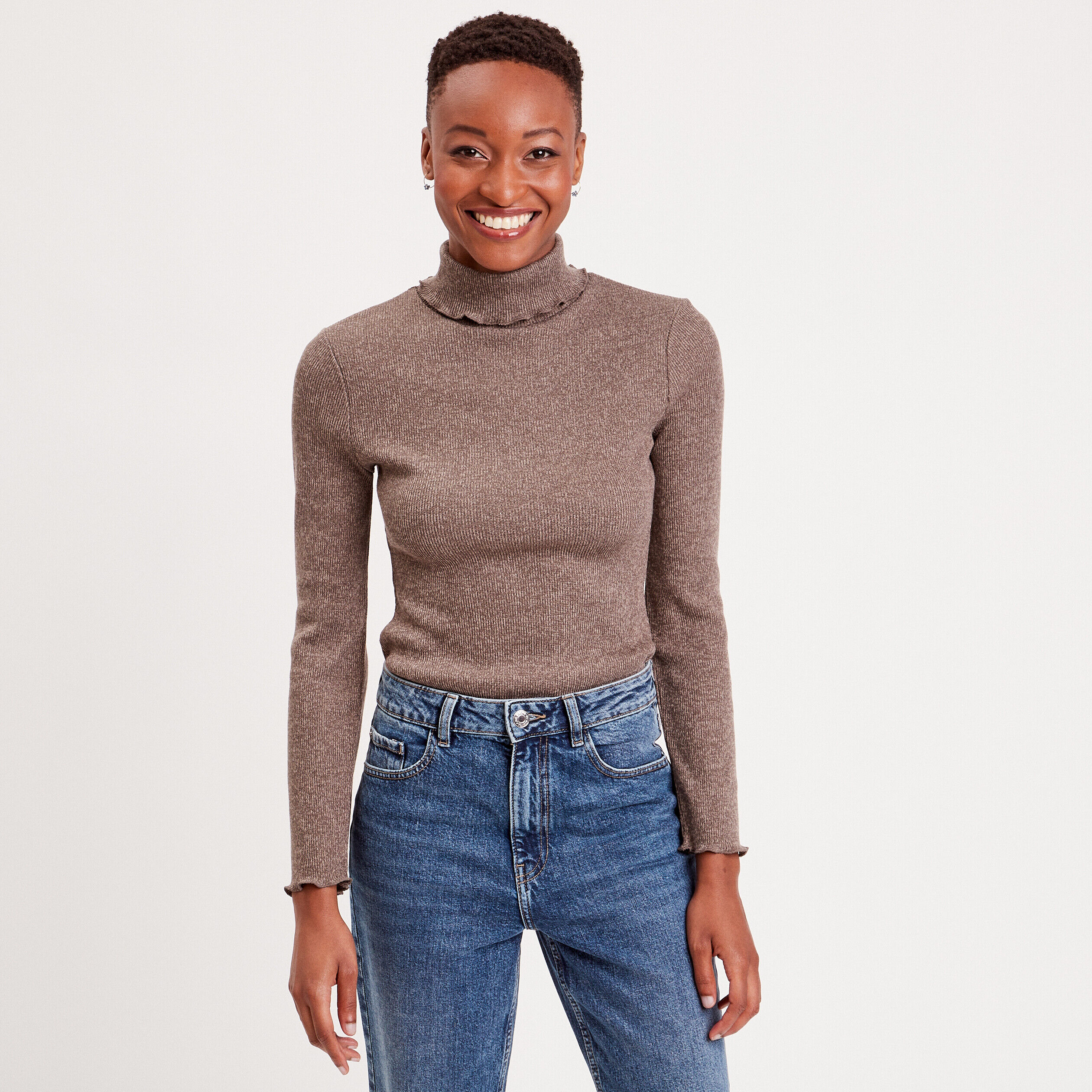 T-shirt col roulé bord vague taupe femme | Cache Cache