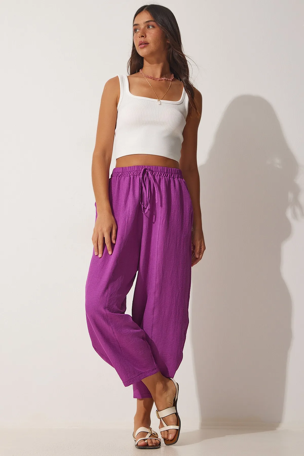 Happiness İstanbul  Pflaumenfarbene Ayrobin Shalwar-Hose für Damen mit Taschen OH00046