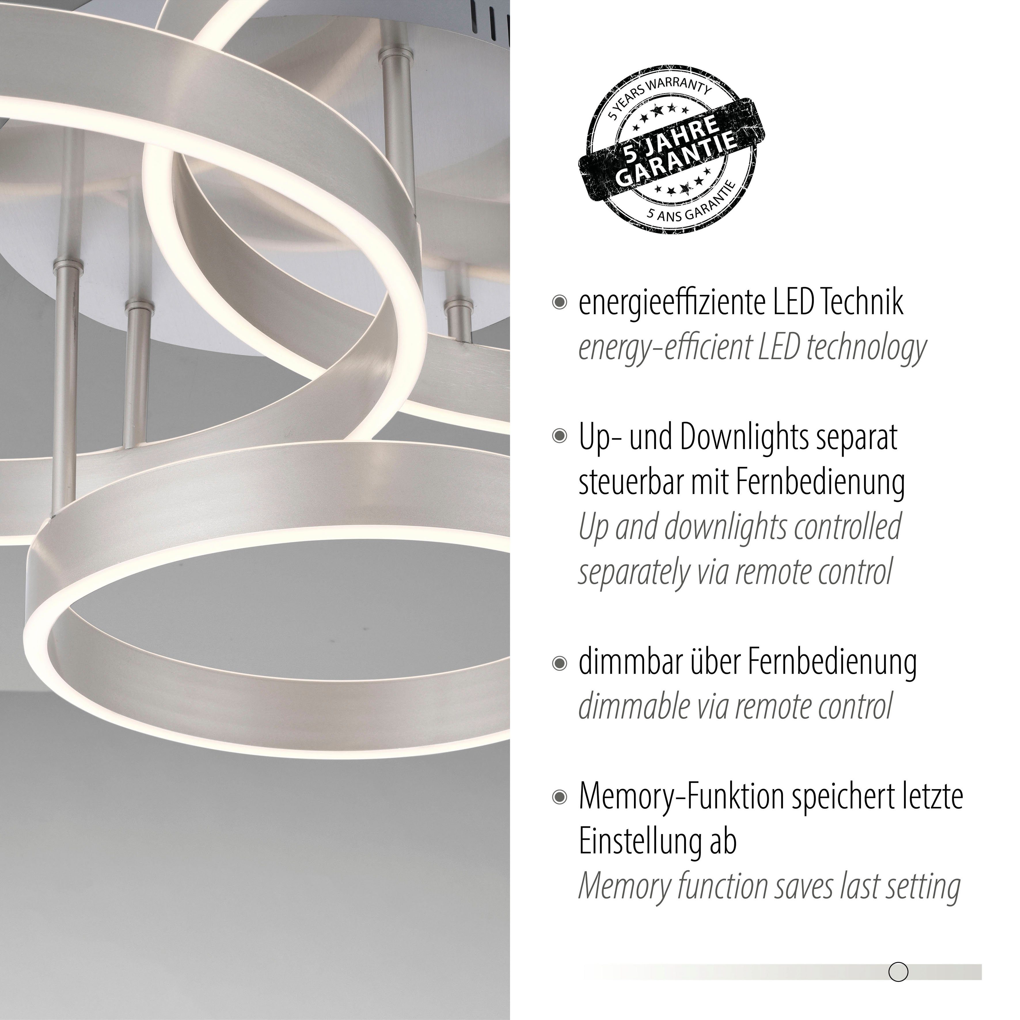 Leuchten Direkt Deckenleuchte LILLUTI, dimmbar über Fernbedienung, LED fest integriert, Warmweiß, LED, Fernbedienung, Funk inkl., separat steuerbar über FB