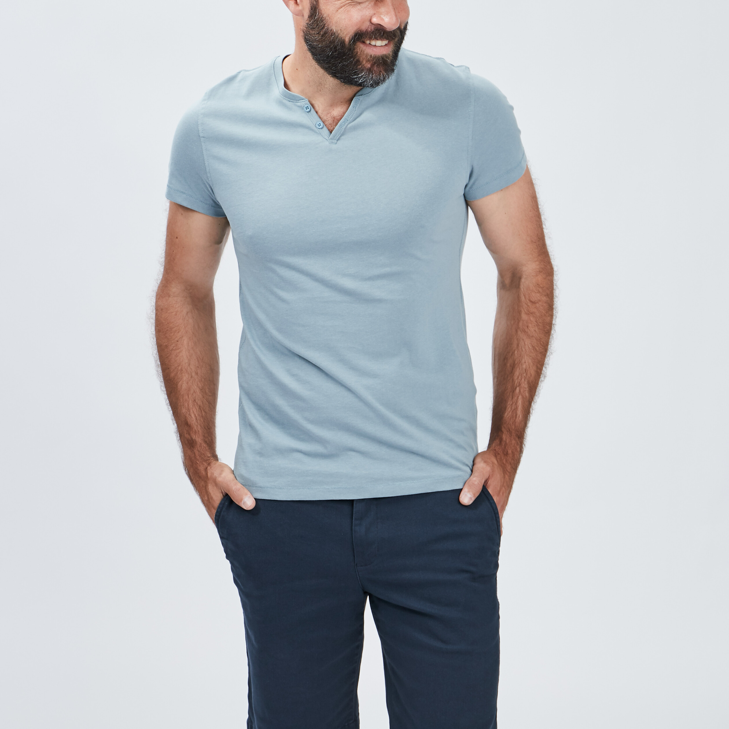 T-shirt manches courtes col tunisien bleu gris homme | La Halle